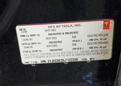 2018 Tesla Model X 100D/75D/P100D z USA, uszkodzony, nr VIN 5YJXCDE28JF122289